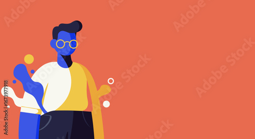 Modern vector illustration of a creative person with glasses on a vibrant background. Represents ideas, innovation, communication, and digital concepts, with ample copy space.