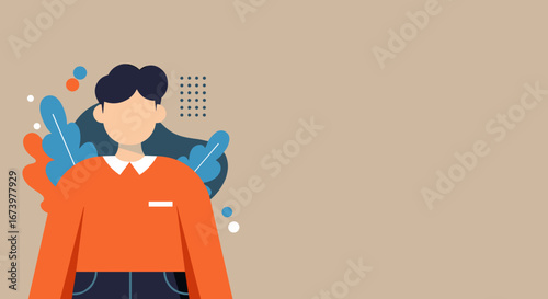 Modern flat design illustration of a person with dark hair in an orange shirt against a minimalist background with abstract shapes. Ideal for business, technology, or lifestyle concepts.