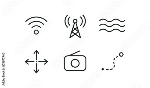 simple outline stroke icon isolated on white background: signal antenna mast wave lines arrow burst radio mark dot path
