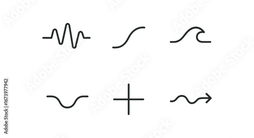 simple outline stroke icon isolated on white background: waveform curved line wave crest trough dip axis mark flow arrow