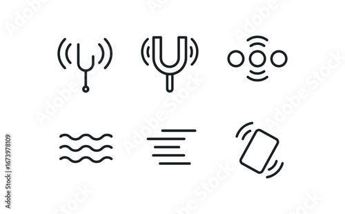 simple outline stroke icon isolated on white background: vibrating motion tuning fork echo dots ripple path move lines shake mark