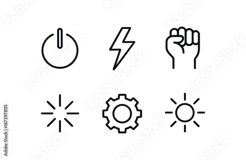 simple outline stroke icon isolated on white background: power lightning bolt raised fist energy spark gear cog sun glow