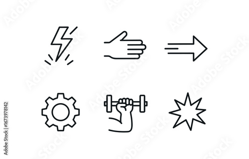 simple outline stroke icon isolated on white background: force push hand arrow thrust gear cog strong bar burst