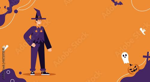 Happy character in a witch costume with a pointed hat, smiling brightly against an orange Halloween background with ghosts, bats, and a pumpkin. Ideal for holiday promotions.