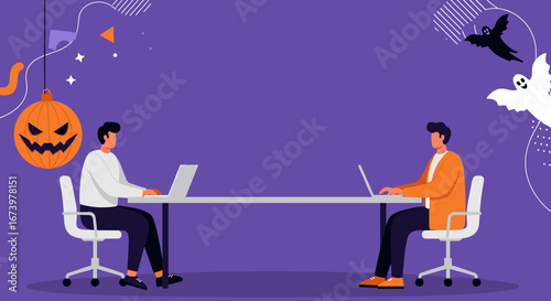 Two men working on laptops in a modern office setting with festive Halloween decorations. Ideal for holiday business promotions and seasonal productivity themes.