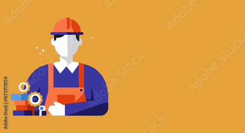 Flat design illustration of a skilled worker or engineer in a hard hat and overalls, representing construction, industry, and professional services. Ideal for business and labor concepts.