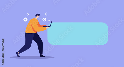 Man with laptop interacting with a large blank speech bubble and gears. Ideal for concepts of online communication, web development, digital marketing, and business strategy.
