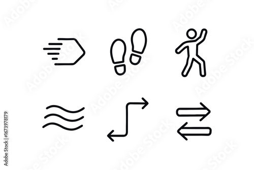 simple outline stroke icon isolated on white background: movement walking steps dance pose flowing lines arrow path shift icon
