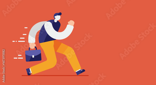 A dynamic illustration of a man with a briefcase running, symbolizing business urgency, career ambition, efficiency, and meeting deadlines. Ideal for concepts of fast service or professional speed.