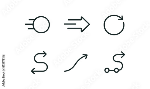 simple outline stroke icon isolated on white background: object motion arrow streak spin wheel flow line glide arc track line