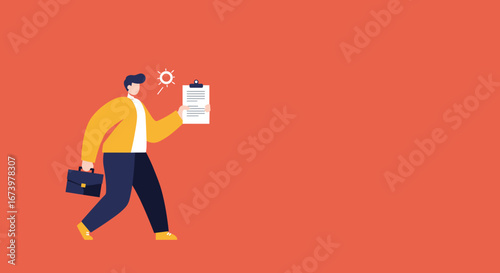 Professional man walking with a briefcase and a clipboard, representing new ideas, business opportunities, or career progression against a vibrant background.