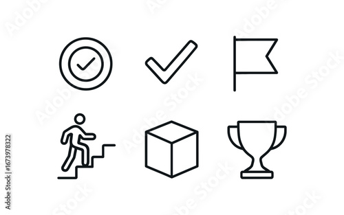 simple outline stroke icon isolated on white background: completion check mark ribbon flag final step closed box trophy cup