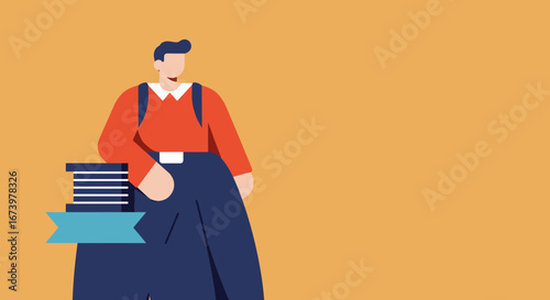 Illustration of a person standing confidently with a stack of books and a ribbon on a vibrant orange background, representing education, achievement, and professional success.