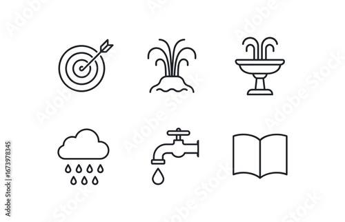 simple outline stroke icon isolated on white background: source water spring fountain flow cloud rain tap drop book page