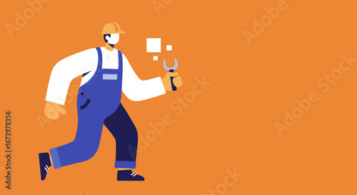 Professional worker in a hard hat and overalls holding a wrench, ready for service, repair, or construction tasks. Ideal for maintenance, trade, or solutions concepts.
