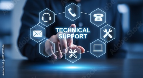 Customer service professional interacting with a futuristic digital interface for technical support services