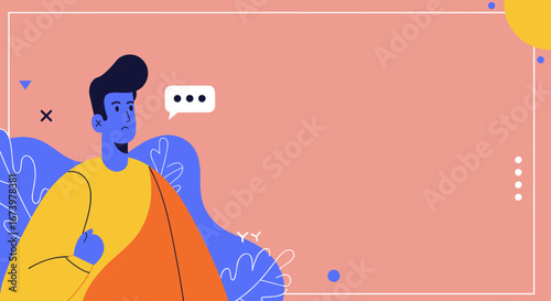 Illustrated man with a thoughtful expression and speech bubble, representing ideas, questions, or communication concepts for modern business and lifestyle.