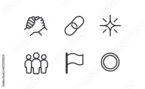 simple outline stroke icon isolated on white background: strong unity chain loop burst team icon shared flag round seal
