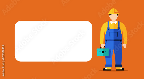Professional worker illustration in a hard hat and overalls, holding a toolbox, ready for service. Ideal for construction, maintenance, or business concept designs with ample text space.