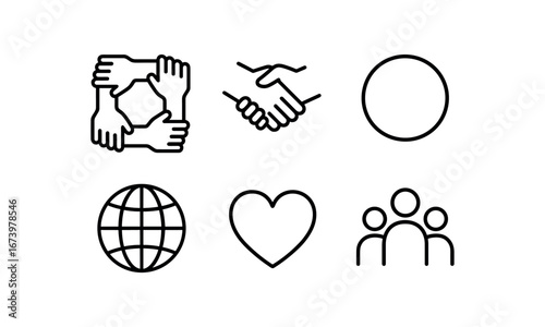 simple outline stroke icon isolated on white background: unity linked hands circle ring globe sign heart icon group figures
