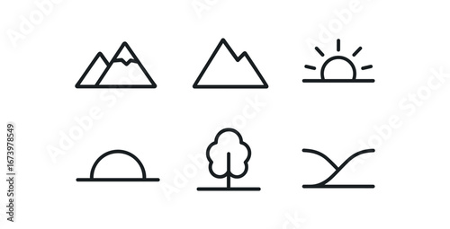 simple outline stroke icon isolated on white background: range mountain line sun rise horizon arc tree edge valley floor