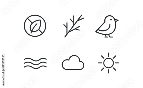 simple outline stroke icon isolated on white background: natural harmony tree branches bird icon river flow cloud arc sun glow