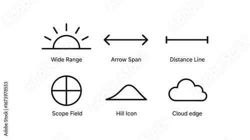 simple outline stroke icon isolated on white background: wide range arrow span distance line scope field hill icon cloud edge
