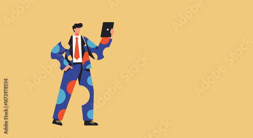 Stylish businessman in a colorful polka dot suit focused on a tablet, symbolizing modern communication, digital work, and innovation with copy space.