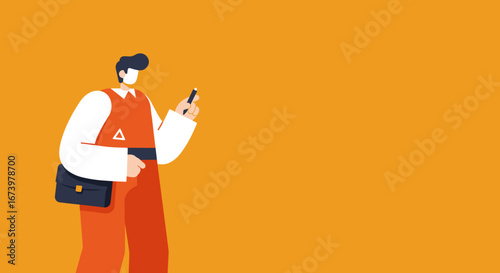 Professional person in orange uniform holding a pen with a satchel, ready for work or education, set against a vibrant orange background. Modern illustration for business concepts.