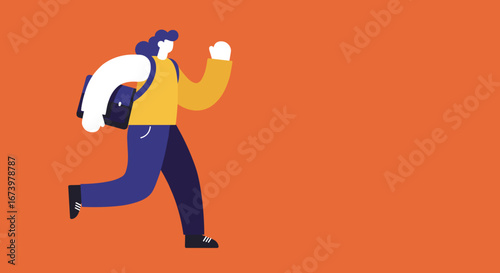 Vibrant illustration of a person running with a backpack against an orange background. Represents education, student life, travel, or active lifestyle.