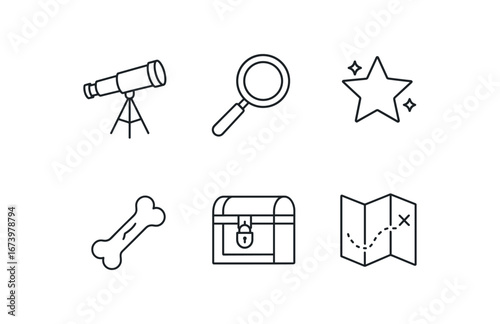 simple outline stroke icon isolated on white background: discovery magnifying glass spark fossil bone chest box map trail