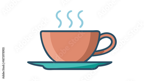 Orange teacup with steam and saucer hot drink beverage