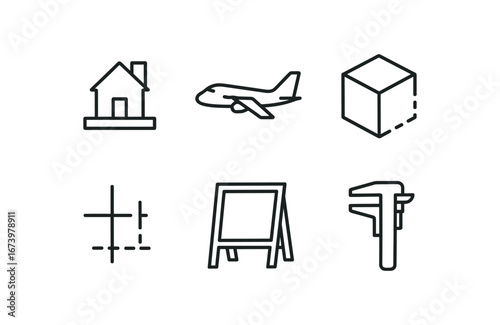 simple outline stroke icon isolated on white background: scale model plane mockup cube shape draft lines stand frame tool mark