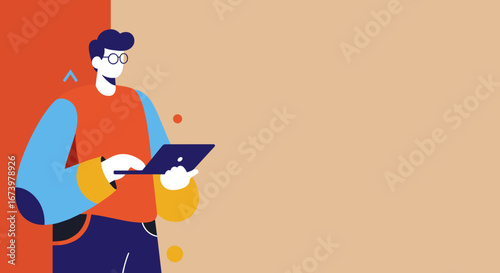 Modern vector illustration of a man with glasses using a laptop, representing online work, digital communication, and technology-driven lifestyle or business activities.
