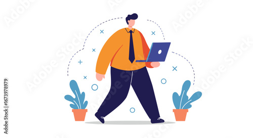 Modern professional walking with a laptop, representing remote work, business mobility, and digital productivity. Ideal for technology and lifestyle themes.