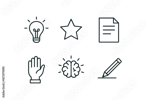 simple outline stroke icon isolated on white background: bright idea icon book sheet hand raise brain glow draft line