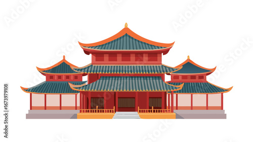 Ornate red and blue chinese temple ancient architecture