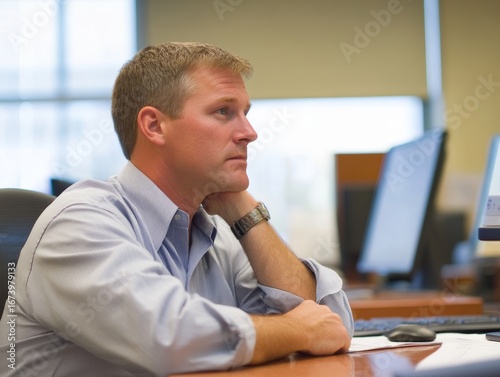 selective focus senior office worker afraid of losing job
