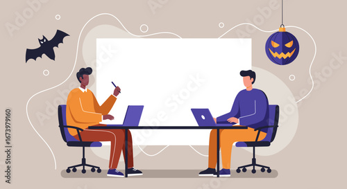 Two diverse men work on laptops in a meeting decorated for Halloween, combining business collaboration with festive spirit. Ideal for corporate events or seasonal work culture.