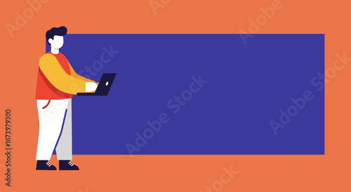 Modern illustration of a man using a laptop with a blank blue space, suitable for business, education, or technology concepts.