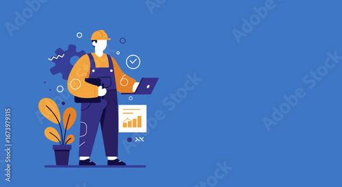 Skilled worker in hard hat and overalls uses laptop and tablet for engineering, construction planning, and data analysis. Concept for maintenance, project management, and technology.