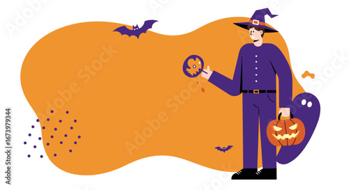 A friendly witch character celebrates Halloween, holding a pumpkin bucket and a skull lollipop. Perfect for holiday promotions and festive designs.