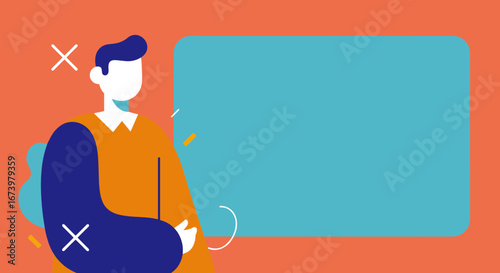 Modern flat illustration of a stylized person next to a large blue board, ideal for presentations, educational content, business concepts, or announcements with copy space.
