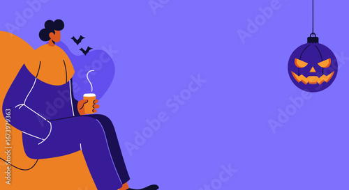Relaxed person enjoys a warm drink in a cozy autumn setting, with subtle Halloween bats and a spooky jack-o'-lantern ornament. Perfect for fall and holiday concepts.