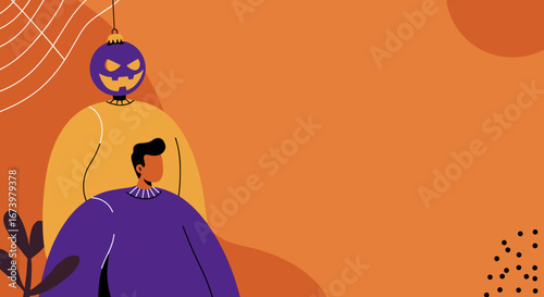 Stylized illustration featuring a person and a festive jack-o'-lantern ornament on an orange background, perfect for Halloween celebrations, promotions, and seasonal designs.
