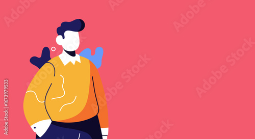 Modern flat design illustration of a stylish man in a yellow sweater, ideal for diverse business, technology, or lifestyle concepts with ample copy space.