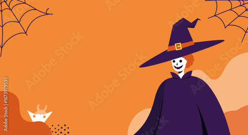 Spooky cartoon witch or skeleton character on an orange Halloween background with spiderwebs, ideal for festive designs, promotions, or party invitations.