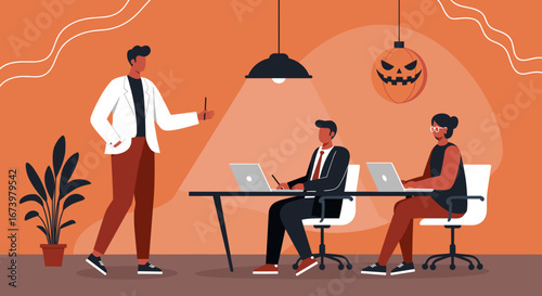 Team members collaborate in a modern office decorated with a Halloween jack-o'-lantern, blending work with festive holiday spirit.