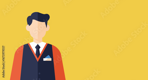 Professional male avatar in flat design illustration, wearing a suit and tie against a yellow background. Ideal for business, service, or corporate concepts with copy space.