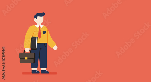 A confident businessman, holding a briefcase and documents, stands ready for work. Ideal for illustrating business concepts, corporate success, or professional services.
